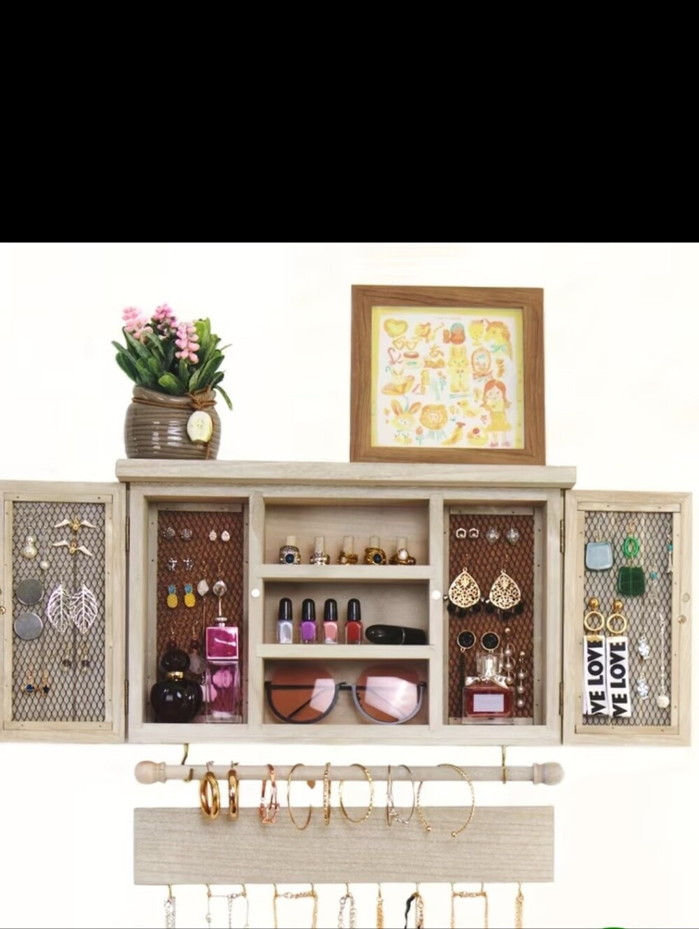 Wood Wall Jewelry Organizer Cabinet with Mesh Doors, Bar, Amand Hook- White Wash